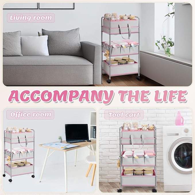 FoldTier 2in1 Baby Diaper Caddy Organizer Cart 3 Tier Large Capacity Metal Utility Bedside Rolling Cart with Divider Newborn Registry Nursery Essential Must Have Bedroom Gift Baby Shower(Pink) - Image 6
