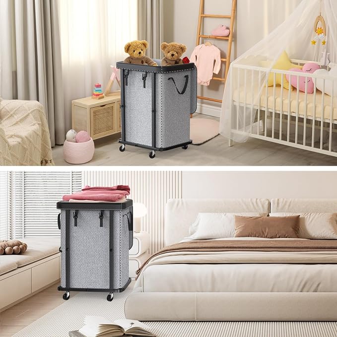 Laundry Basket with Wheels,150L (40 Gal) Rolling Hamper Carts - Gary | Leather Patchwork Laundry Hamper,Sturdy Metal Frame, Removable Washable Bag, Tall Clothes Sorter for Bedroom, Laundry Room - Image 7