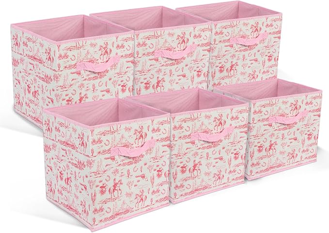 6 Pcs Pink Western Cube Storage Bins 12.5 Inch Cowgirl Storage Basket with Handle, Preppy Girls Organizer Basket, Collapsible Fabric Box for Classroom Bedrooms Office Home Decoration (Pink western) - Image 7