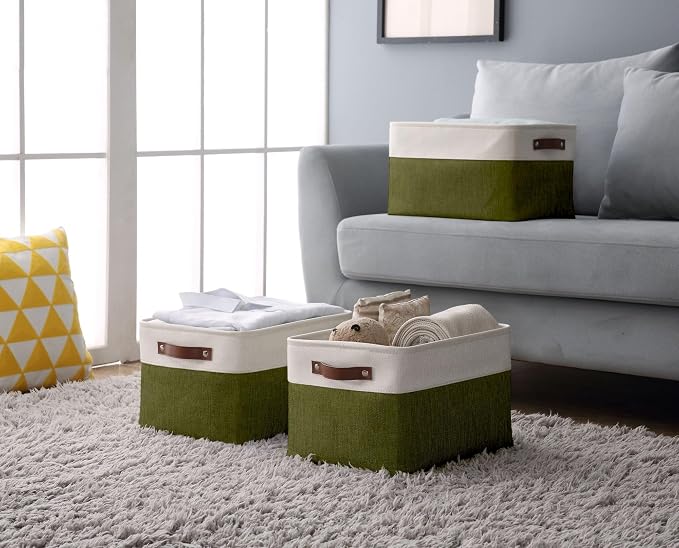 DECOMOMO Storage Bins, Large Fabric Storage Baskets for Shelves 3 Pack | 15 x 11 x 9.5 inches Decorative Linen Closet Organizers (Olive Green & White) - Image 9