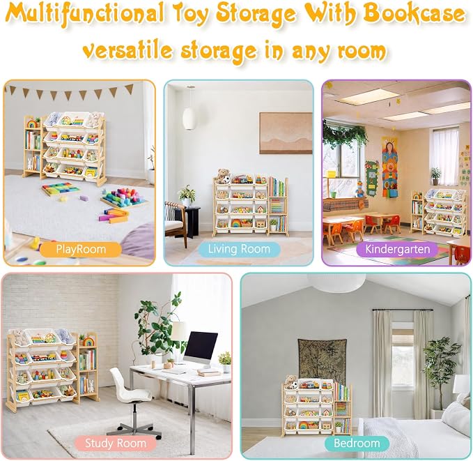 Toy Storage Organizer with 12 Bins & 3-Tier Bookshelf - White | 12 Removable Bins Keep Toys Sorted; 3-Tier Kids Bookshelf Creates Easy-Access Storage for Kids Rooms and Playrooms - Image 7