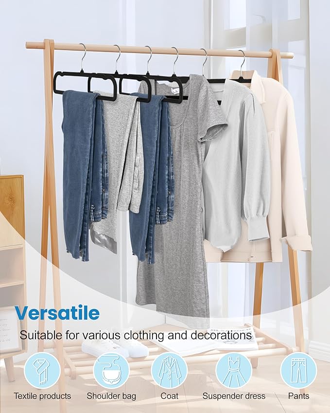 Black Velvet Hangers Non-Slip 20 Pack Felt Hangers for Pants Trouser Hanger | 360° Swivel Silver Hook, Thin Space Saving Clothes Hanger for Jeans Slacks, Slim Perchas Terciopelo, Perchas para Pantalones - Image 6