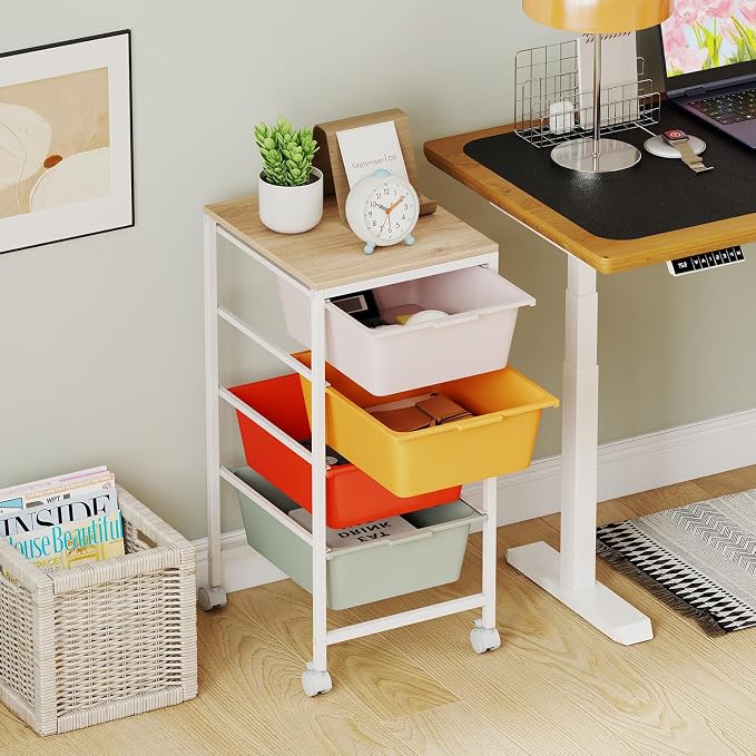 GOFLAME 4-Drawer Rolling Storage Cart, Craft Storage Cart with Wooden Tabletop and Lockable Wheels, Art Cart Supply Storage Organizer with Metal Frame for Home Office Classroom, Macaron Color - Image 9