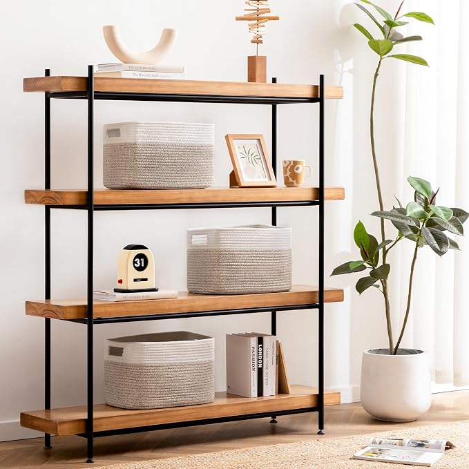 4 Pack Storage Baskets for Organizing, Shelf Baskets with Handles, White&Light Brown - Image 6
