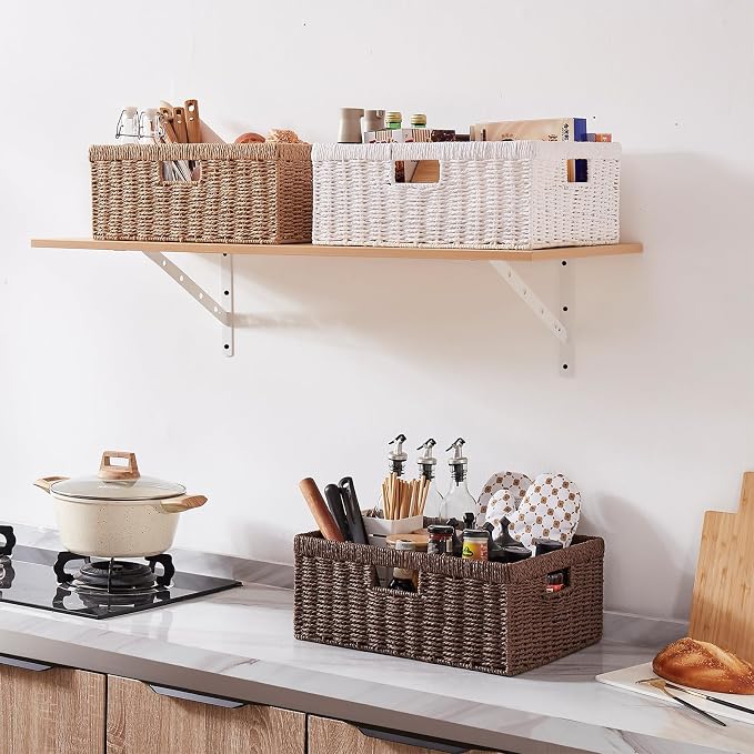 OIAHOMY Wicker Storage Basket, Rectangular Paper Rope Shelf Baskets with Built-in Handles, Woven Decorative Organizer for Pantry, Shelves, Living Room and Bathroom, 1-Pack Natural - Image 8