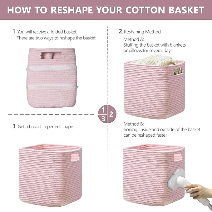 Dreamcountry 13x13 Cube Storage Bins, Storage Cubes with Handles, 4 Pack Cotton Rope Basket for Shelves, Cube Storage Organizer forToys, Book, Clothes, Home, Office, Nursery, Pink - Image 7