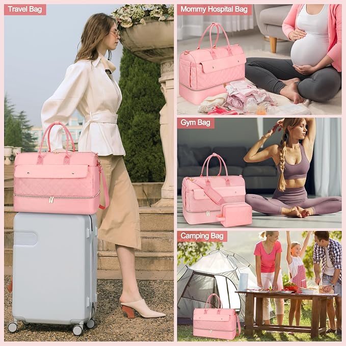 Travel Duffel Bag, Large Weekender Bag for Women with Shoe Compartment, Carry on Overnight Bag with Toiletry Makeup Bag, Gym Duffel Bag Travel Tote Bag for Travel Gym Camping Hospital, Pink - Image 8