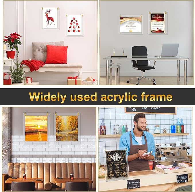 Thyle 8 Pcs Acrylic Photo Frame 8x10'' Clear Floating Picture Frame Frameless Photo Display Memories Photography Poster Frames Tabletop or Hanging Wall Mount for Family Wedding Wall Art (Gold) - Image 7