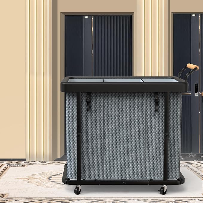Laundry Hamper 3 Section with Lid,230L Rolling Dirty Clothes Hamper Grey | Laundry Basket with Wheels,Laundry Organizer Storage Cart with Sturdy Metal Frame and Wooden Handle for Laundry Room, Hotel - Image 7