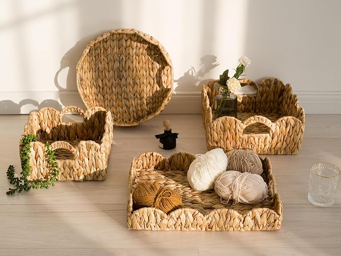 StorageWorks Scalloped Basket for Shelves, Water Hyacinth Storage Baskets | Woven Baskets for Storage, Wicker Storage Baskets for Shelves, Large Wicker Basket, Shelf Basket with Handles, 2 Pack - Image 9