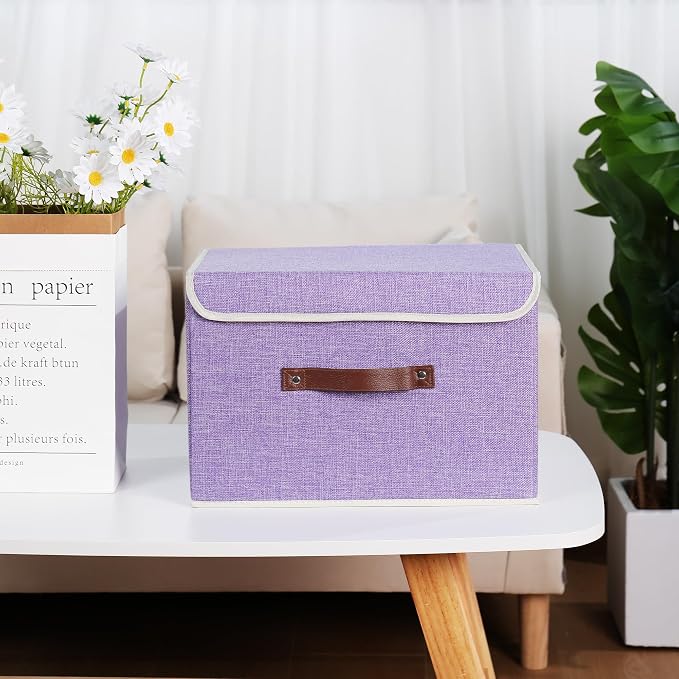 ANMINY Fabric Storage Box Bins with Lids, Purple, 15"x10"x10" | Keepsake Memory Storage, Cotton Linen, PP Board Reinforced, Washable, PU Handles, Foldable & Stackable, Decorative, Large - Image 9