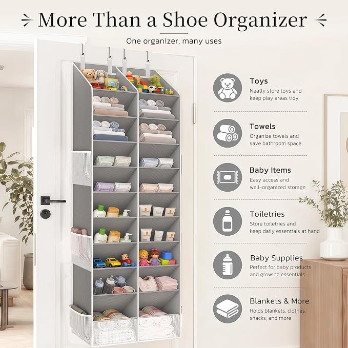 Over the Door Shoe Organizer, 20-30 Pairs Heavy-Duty Hanging Shoe Storage with Large Pockets, 10-Tier Door Shoe Rack with 4 Hooks for Sneakers Sandals Heels Boots (Gray) - Image 7