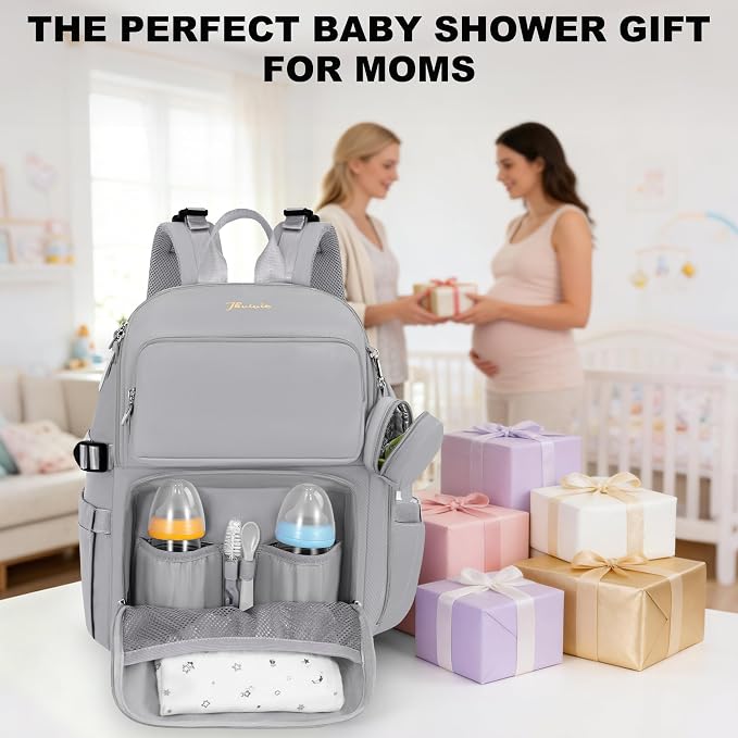 IBVIVIC Diaper Bag Backpack with Portable Changing Pad, Soft Gray | Multifunctional Baby Bag for Mom Dad, Large Capacity, Stroller Straps, Insulated Bottle Pockets & Pacifier Case - Image 9