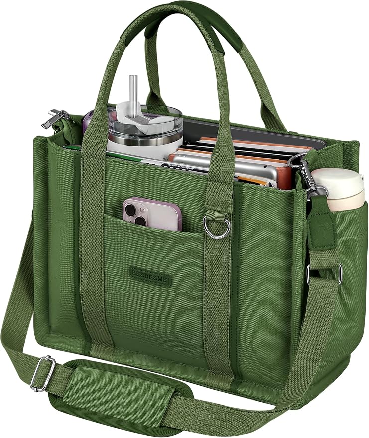 BESBESME Women’s Canvas Tote Bag with Zipper and Compartments – Multi-Pocket Laptop Work Crossbody Shoulder Tote Purse - Image 8
