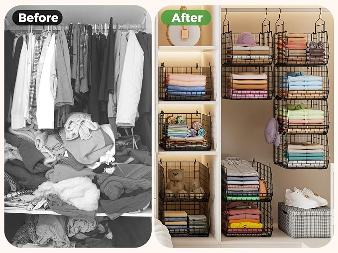 4" Extra Deeper Hanging Closet Organizers and Storage,4 Tier Foldable Wire Cabinet Shelves with 5 S Hooks,Small Metal Basket Bins for Clothes Sweaters Handbags, Wardrobe for Kitchen Laundry Room,Black - Image 9