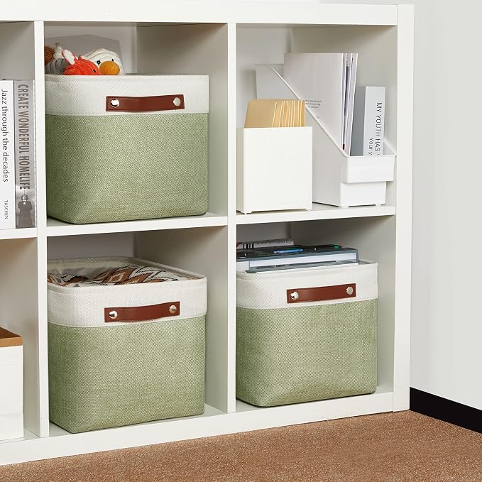 DULLEMELO Fabric Storage Bins for Laundry, Home, Foldable Storage Baskets for Shelves, Toys, Collapsible Storage Bins for Office,Bedroom(3-Pack Medium-15 inch X 11 inch X 9.5 inch , White&Green) - Image 7