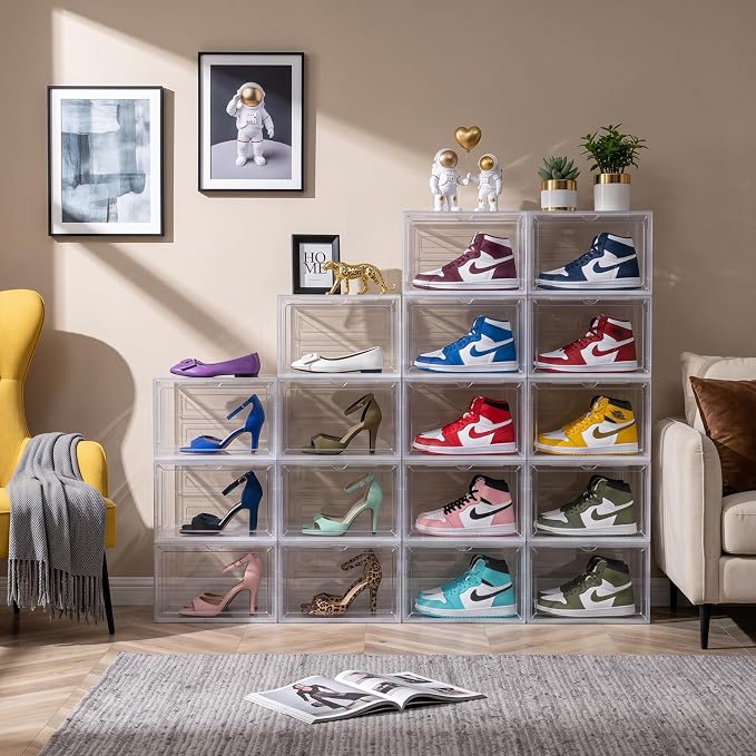 X-Large Clear Stackable Shoe Storage Box 8 Pack, Drop Side Shoe Organizers | Fits US Size 13 Sneakers Storage, Hard Plastic Shoe Containers with Magnetic Drop for Closet Storage and Sneaker Display - Image 8