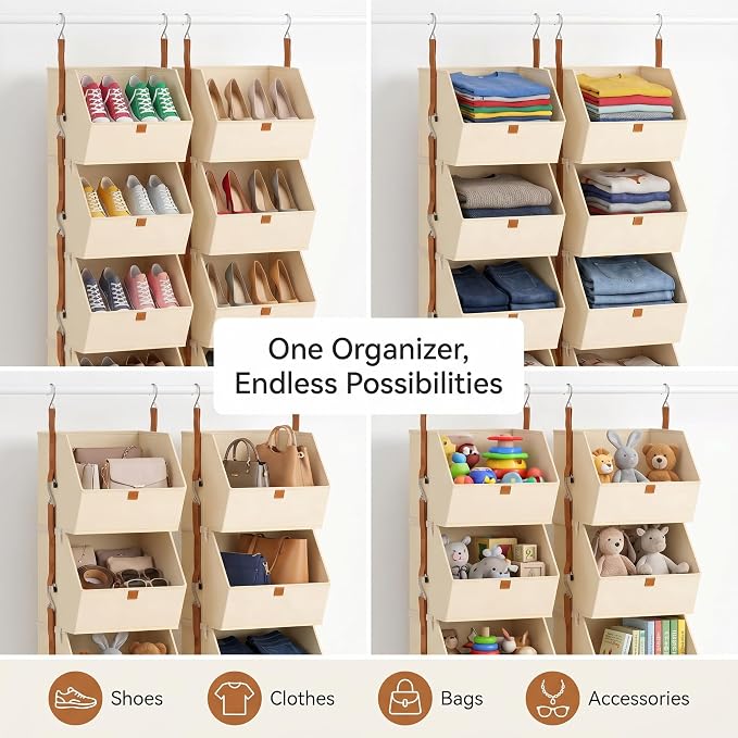 8-Tier Beige Detachable Hanging Closet Organizer 2 Pack Fabric Shelves | Heavy-duty reinforced rods prevent sagging, even with bulky items - Image 7
