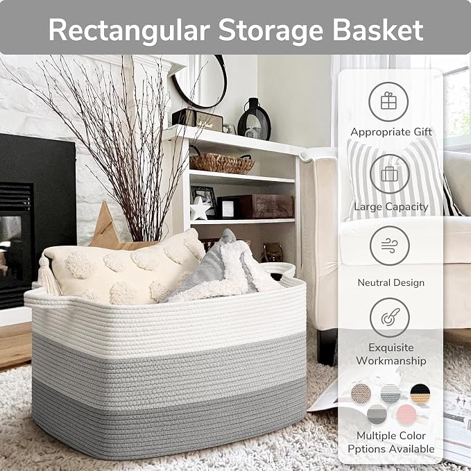 Goodpick Large Woven Rope Blanket Basket, Rectangle, Light Gray | 21.6'' x 14.9'' x 11.8'' Storage Basket for Blankets, Pillows & Toys, Living Room & Nursery Organization, Reinforced Handles - Image 7