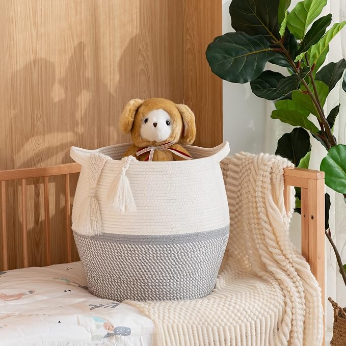 KAKAMAY Woven Baskets for Storage(17"x17"),Large Cotton Rope Woven Baby Laundry Hamper,Collapsible Laundry Basket, Blanket Basket for Organizing Living Room,Nursery,Pillows,Toy Chest(Grey) - Image 8