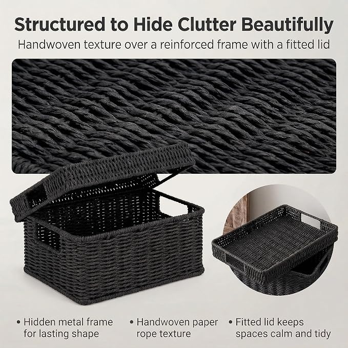 Wicker Storage Basket with Lid for Shelves, Set of 2, Black | One rectangular wicker basket with lid and one open basket for decorative shelf storage; removable lid flips into a tray. - Image 6