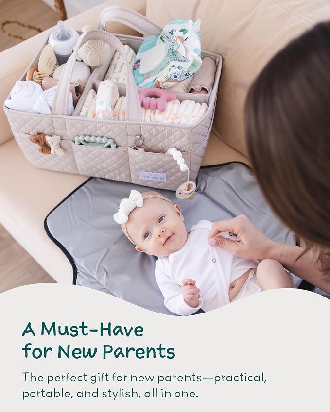 Quilted Diaper Caddy Organizer with Matching Changing Pad - Soft Sand - Image 9