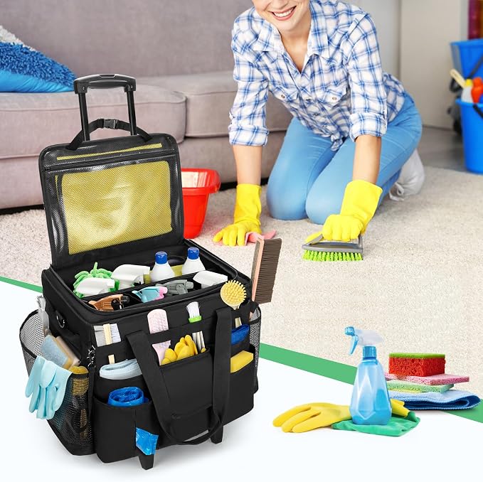 LoDrid Rolling Cleaning Caddy with Lid and Detachable Trolley, Black | Cleaning Supplies Organizer, Cleaning Caddy Cart on Wheels with Handle and Shoulder Strap for Housekeepers - Image 7
