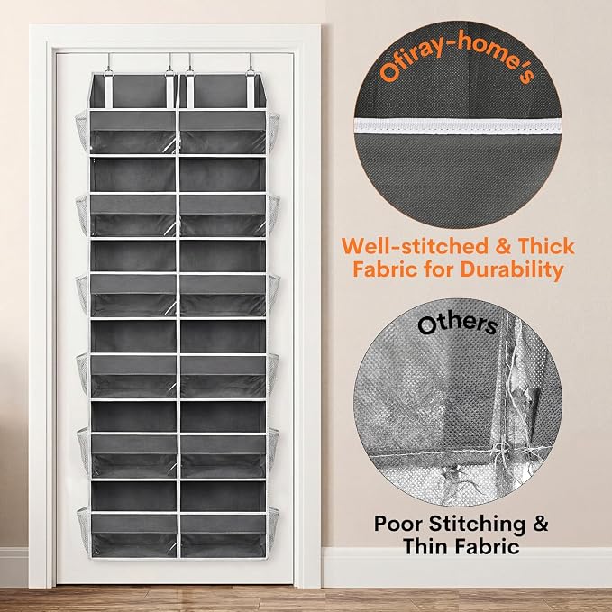 2 Pack Over The Door Organizer 6 Tiers, Extra Large Behind Door Storage of 12 Compartments, 80 lbs Weight Capacity Hanging Storage Organizer with Clear Window Kids Toys,Shoes (6 Tiers - Grey) - Image 7