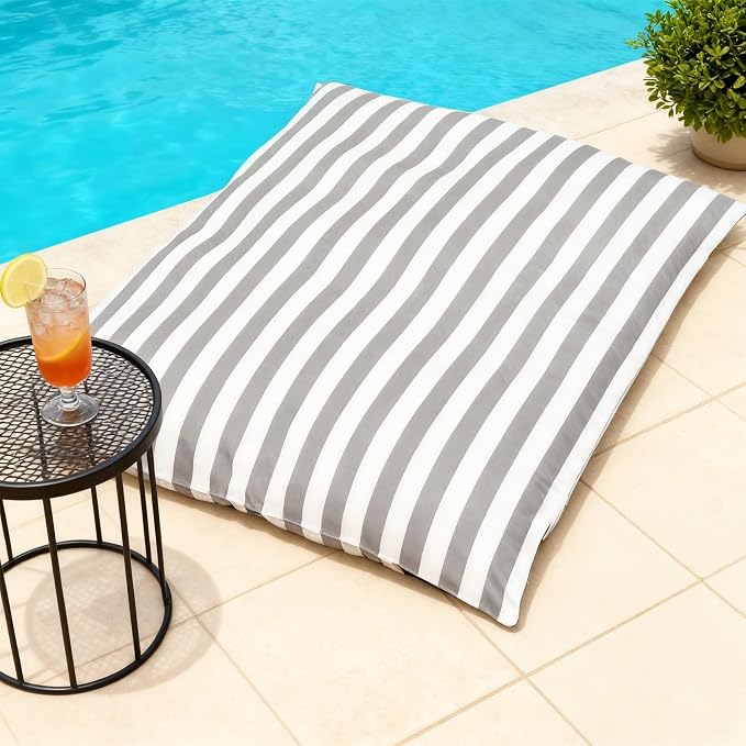 Outdoor Bean Bag Cover for Pool Side (No Filler) Waterproof Beanbag Lounge Chair Sqaure Large Beach Bean Bag Replacement Pouf Oxford Couch Sofa for Adults Swimming Pool Outside (Light Grey-Stripe) - Image 7