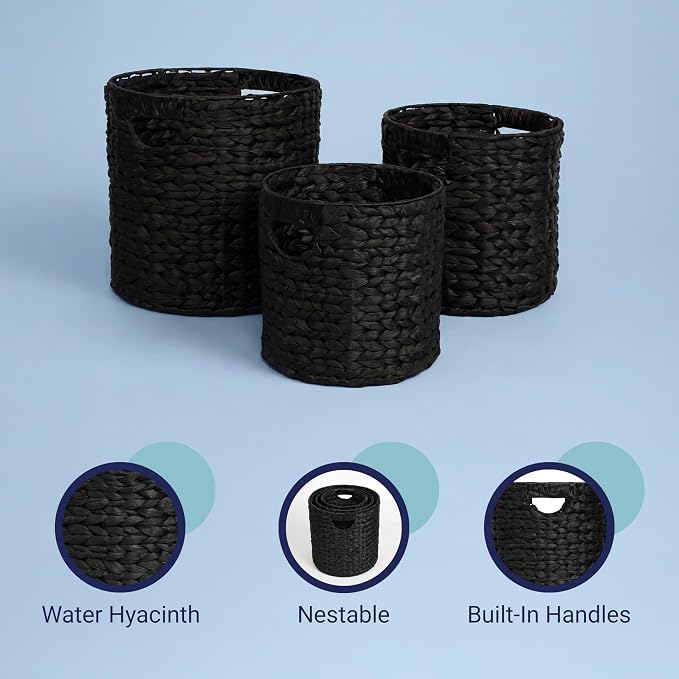 happimess Avery 3-Piece Cylinder Nesting Baskets 13", Black | Hyacinth, Bohemian Cottage Style, Handwoven Wicker, Iron Metal Frame, Decorative Storage For Toys And Books, Built In Handles - Image 6