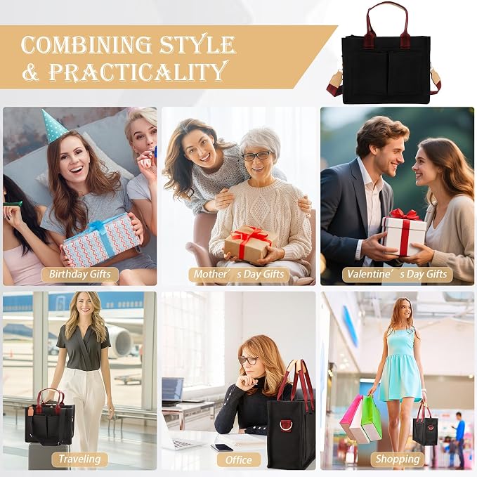 Cozary Large Women's Canvas Shopper Bag, Large Tote Bag, Handbag with Many Compartments, Portable as a Handbag, Shoulder Bag or Crossbody Bag, for Work, Office, Travel, Shopping, School, black - Image 7
