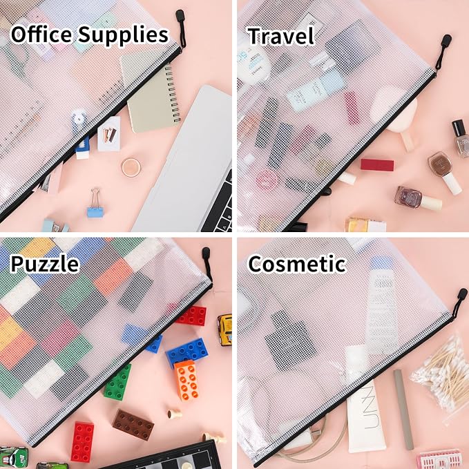 EOOUT 24pcs A3 Mesh Zipper Pouch Bags, Black Reusable Zipper Bags for Organizing Storage, Waterproof Puzzle Bag, Zipper Bags for Board Game Storage and School Office Supplies - Image 7