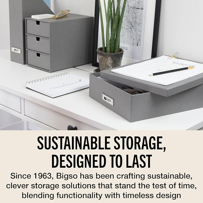 Bigso Box of Sweden Oskar Fiberboard Label Frame Document Letter Box | File Organizer for Important Paperwork with a Lid & Label Window | 3.3"x10.2"x13.8" | 3 Pack | Grey - Image 7