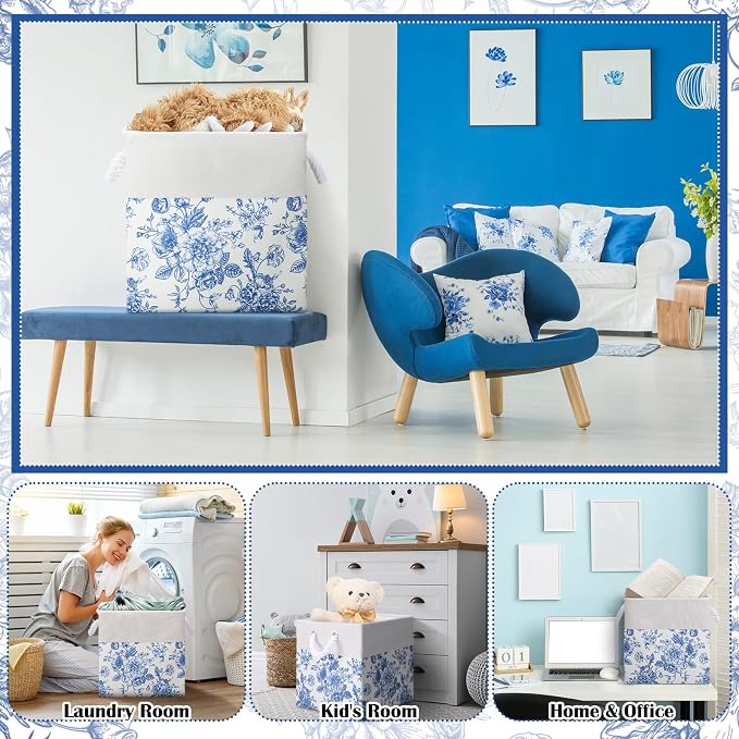 LemonRoad 6 Pcs Blue Floral Cube Storage Bins 13 Inch Square Storage Basket with Handle Preppy Girl Organizer Basket Collapsible Fabric Box for Classroom Bedroom Office Home Decoration Gift - Image 6