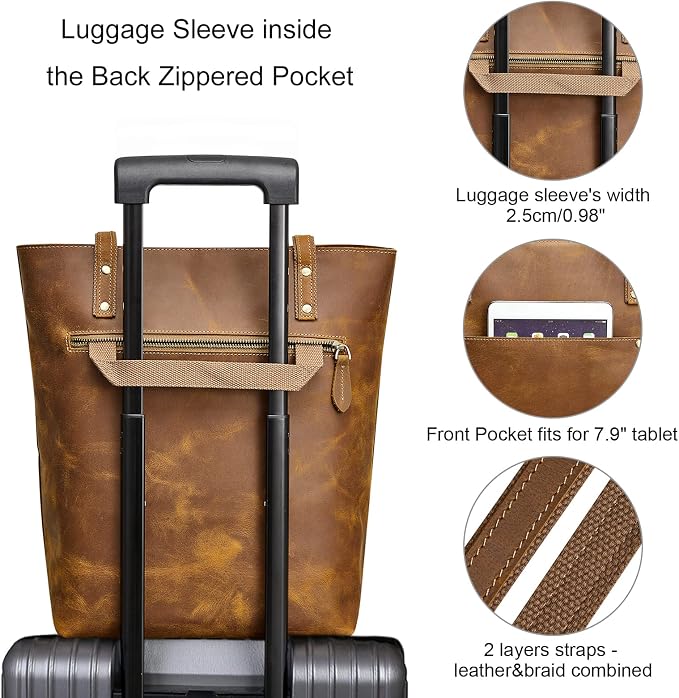 S-ZONE Leather Tote Bag for Women Work Handbag with Luggage Sleeve | Top Grain Genuine Leather, Padded Laptop Compartment, Multi Pockets, Large Retro Purse, Travel Everyday - Image 7