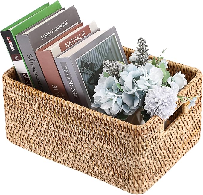 Hipiwe Rattan Wicker Basket for Shelf Organizer Natural Basket with Handles | Handwoven Open Storage Bin Rectangular Closet Organizer Bin Multipurpose Storage Box, 13.8" x 9.8" x 6.3" - Image 9