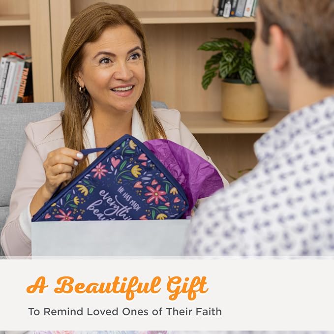 Christian Art Gifts Men/Women's Bible Cover Everything Beautiful Ecclesiastes 3:11, Blue Floral Canvas, Medium - Image 11