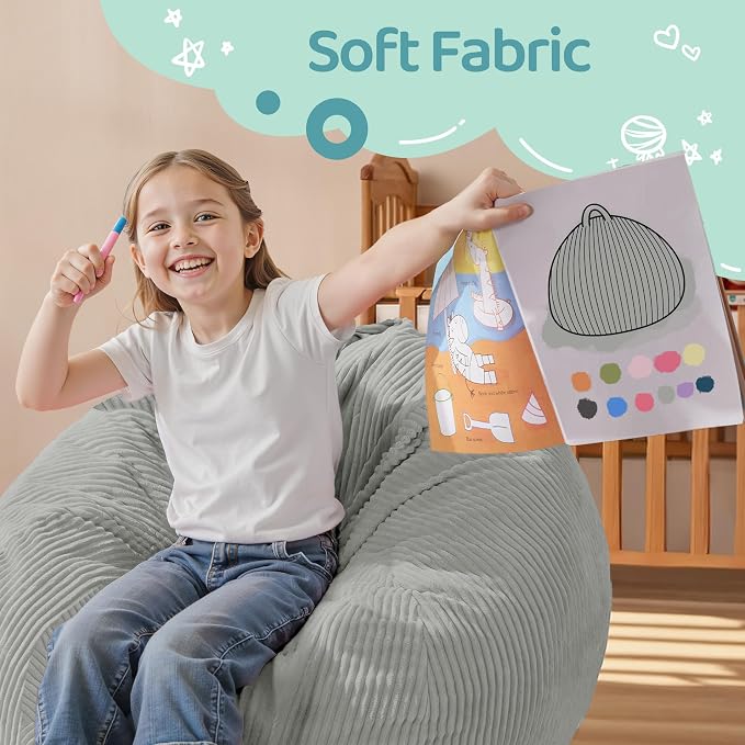 2FT Bean Bag Chair: 2' Small Bean Bags with Memory Foam Filled | Beanbag Chairs with Handle,Teardrop Bean Bag Sofa with Corduroy Machine Washable Cover for Living Room,Bedroom-Light Grey - Image 7