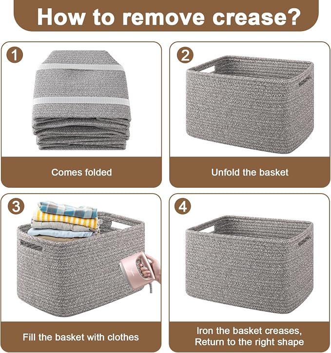 OIASKET 4Packs Natural Cotton Rope Storage Baskets for Organizing Toys, Clothes, Towels & Books, Soft Versatile Organizers for Shelves, Home Decorative Bins, 13''Lx9''Wx7.8''H, Grey - Image 9