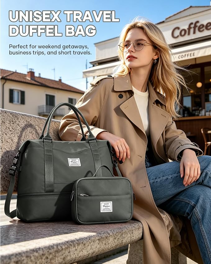 Travel Duffel Weekender Bag Women Tote Carry On Bags With Shoe Compartment | 18x14x8 inches Travel Overnight Bags with Trolley Sleeve for Airplanes Waterproof Sport Tote Gym with Toiletry Bag Green - Image 9