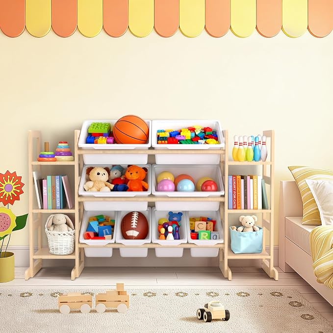 Fuilee Wooden Toy Storage Organizer for Kids, Multi-Tier Toy Organizer with Bins & Side Montessori Bookshelves, Sturdy Natural Wood Playroom Storage Solution for Toys, Books, Games - Image 7