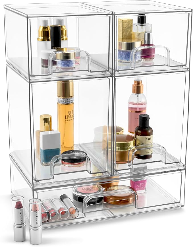 Sorbus Clear Stackable Storage Drawers (5 Pack, Complete Set) | Acrylic containers with pull-out bins keep cosmetics, brushes and daily items sorted on bathroom counters or in cabinets. - Image 7