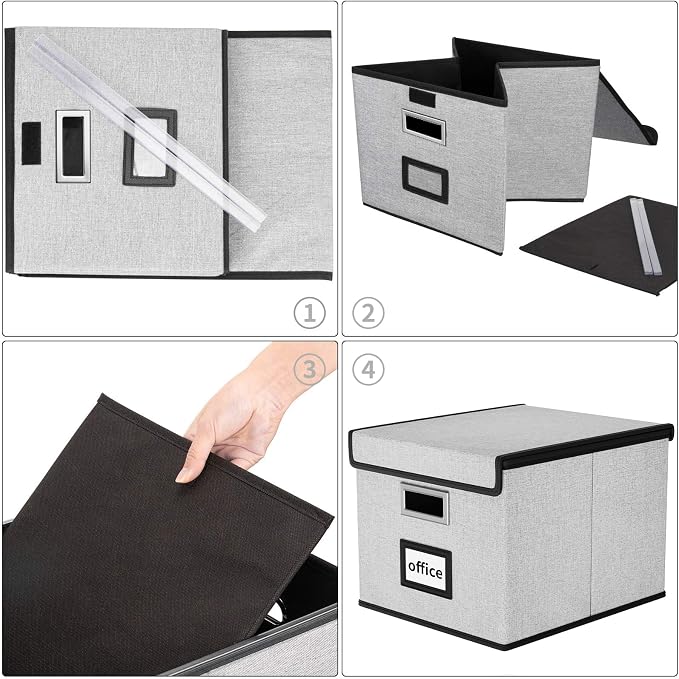 File Organizer Box with Lids, Collapsible File Folder Organizer | File Box with Plastic Slides for Office Document Storage, Filing Bin for Letter Size Hanging File Folders (4 Pack, Gray) - Image 7