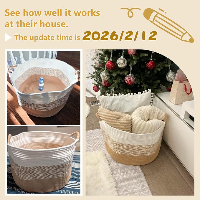 Artfeel 100L Large Cotton Rope Basket, Decorative Woven Blanket Storage for Living Room, Boho Toy Storage & Toy Box for Kids, Versatile Laundry Basket & Nursery Hamper for Blankets(BrownYellow) - Image 7