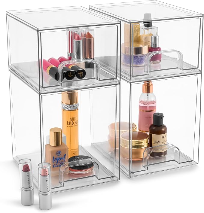 Sorbus Clear Stackable Storage Drawers (4 Pack, 7.6'' and 4.4'' Tall) | Acrylic containers with pull-out bins keep cosmetics, brushes and daily items sorted on bathroom counters or in cabinets. - Image 7