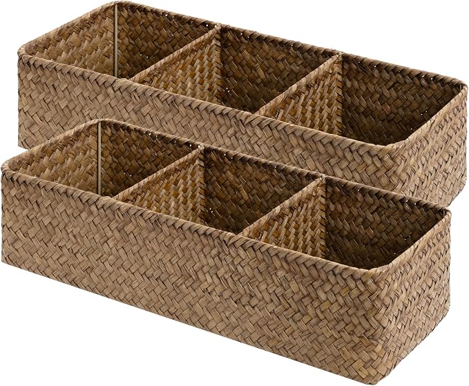 StorageWorks Toilet Paper Basket with Lid, Back of Toilet Baskets, Seagrass | Wicker Basket, Toilet Paper Storage for Back of Toilet Tank, Woven Baskets for Shelves, Wicker Baskets with 3 Compartments - Image 8
