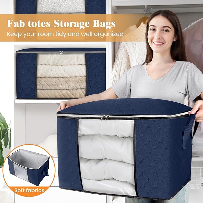 90L Clothes Storage, Foldable Thick Fabric Blanket Storage Bags | Foldable Containers with Zippers,Window and Handles for Organizing Bedroom, Closet, Comforter, Bedding,Dorm essentials - Image 7