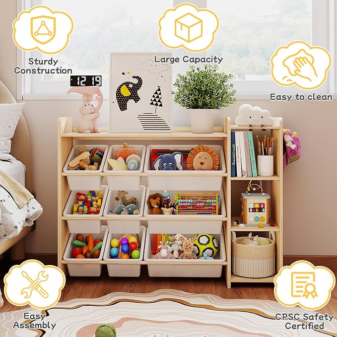GITAWUSA Kids Toy Storage Organizer, Wooden Shelf with 3 Tiers and 9 Storage Bins, Nursery Room Organizer for Books and Toys, White and Natural Wood - Image 7