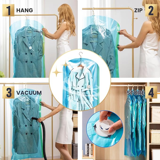 TAILI Hanging Vacuum Storage Bags Clothes, Coats, Jackets,6 Jumbo Blue | Vacuum Seal Bags for Clothing, Space Saver Winter Clothes Storage Closet Organizer Garment Storage - Image 6