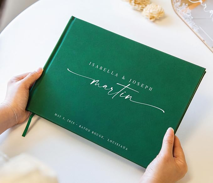 Personalized Guest Book - 11.5" x 8.5" Custom Bride & Groom Names with Bookmark and Hard Cover 140 GSM Blank Pages, for Weddings Guest Book, Engagements, Birthdays, Special Events, Emerald - Image 6